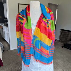 VTG Liz Claiborne Geometric Scarf 17x56 Memphis Colorblock Fringe Dopamine